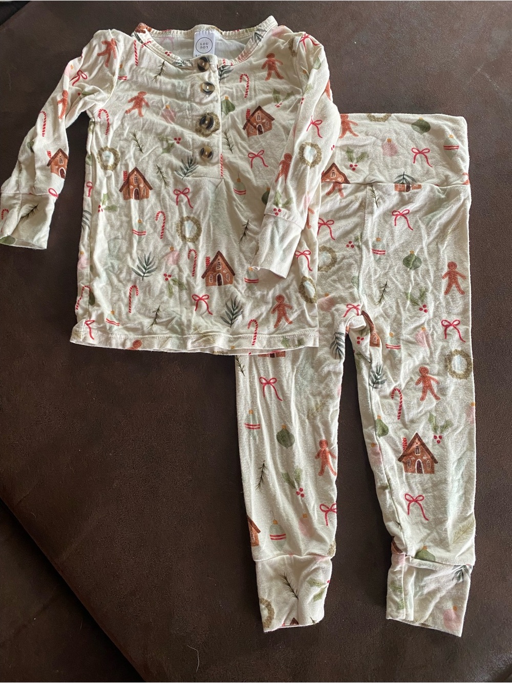 Lou Lou & Company Cream Holiday Gingerbread Pajama Set with Red & Green Accents